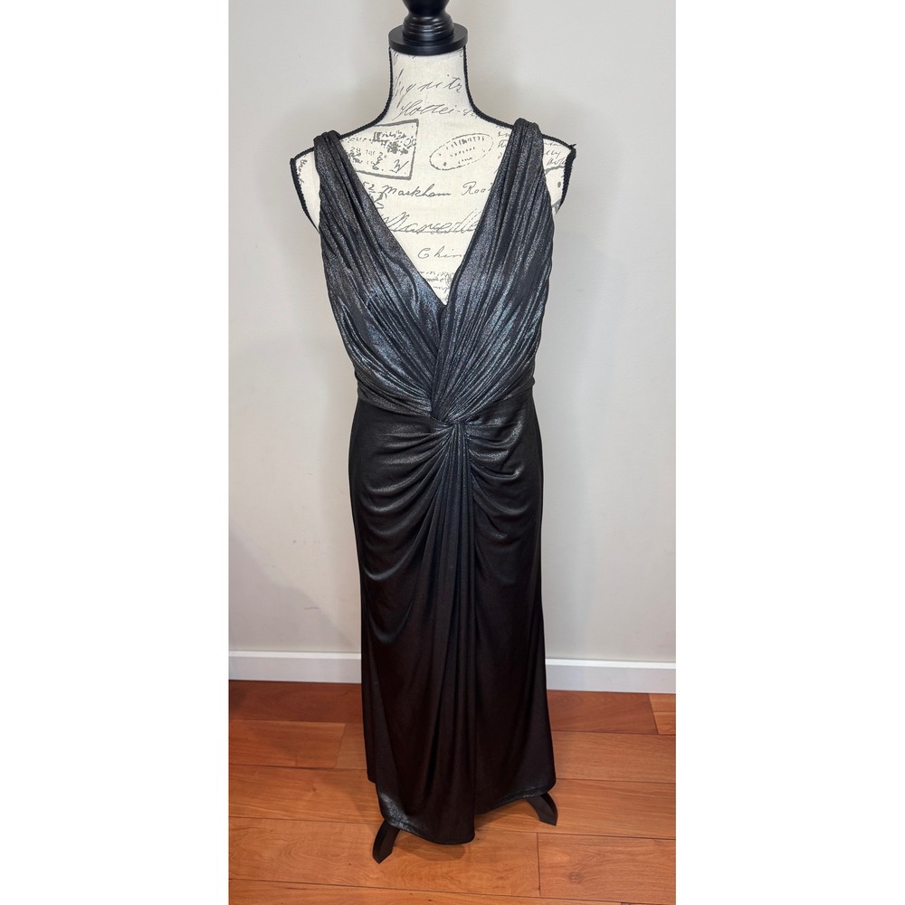 Tadashi Collection Silver Gray Gunmetal Shimmer Draped Evening Dress Formal Sz L